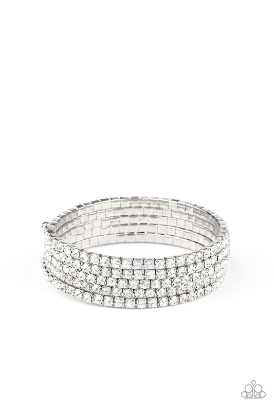 The GLOW-Digger - White Rhinestone Silver Coil Bracelet - Black Diamond Exclusive - Paparazzi Accessories