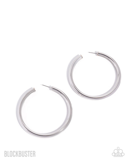 Curve Ball - Silver Hoop Blockbuster Earrings - Paparazzi Accessories