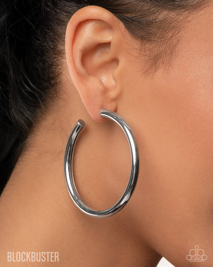 Curve Ball - Silver Hoop Blockbuster Earrings - Paparazzi Accessories