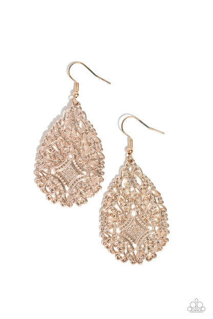 Meadow Magic - Rose Gold Filigree Teardrop Fishhook Earrings - Paparazzi Accessories