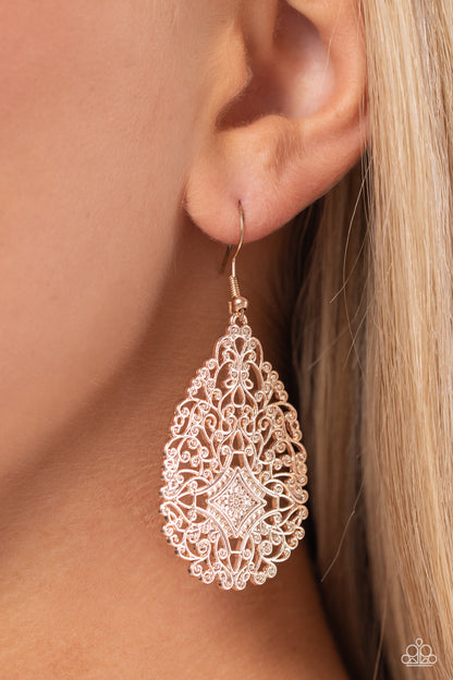 Meadow Magic - Rose Gold Filigree Teardrop Fishhook Earrings - Paparazzi Accessories