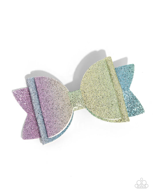 Rainbow Reverie - Multi Rainbow Glitter Bow Hair Clip - Paparazzi Accessories