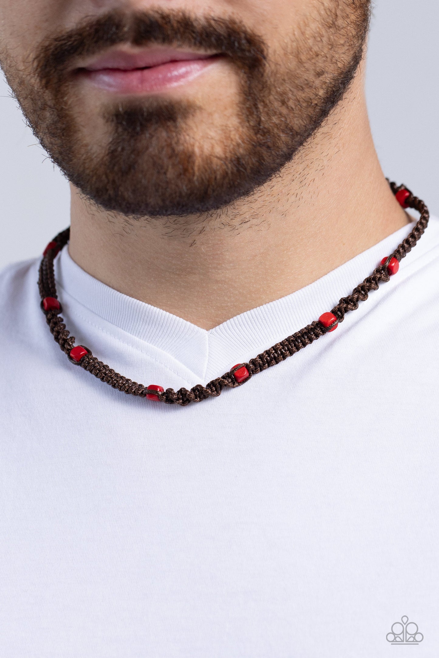 Scenic Climb - Red Bead Brown Cord Urban Necklace - Paparazzi Accessories