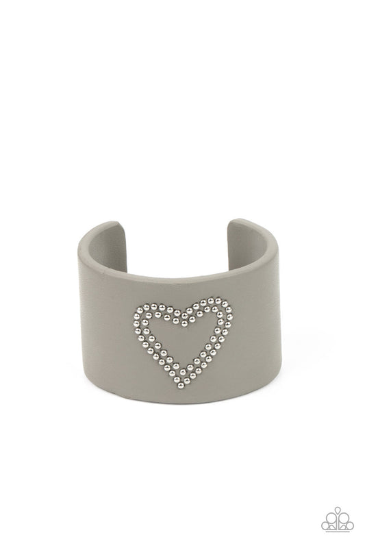 Rodeo Romance - Silver Studded Heart Gray Leather Cuff Bracelet - Paparazzi Accesories
