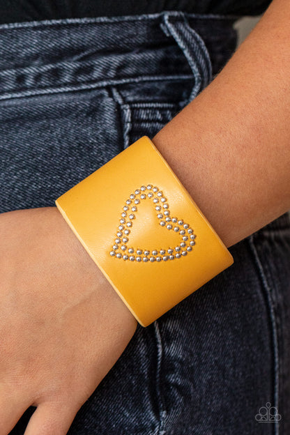 Rodeo Romance - Yellow Leather Silver Heart Studded Cuff Bracelet - Paparazzi Accessories