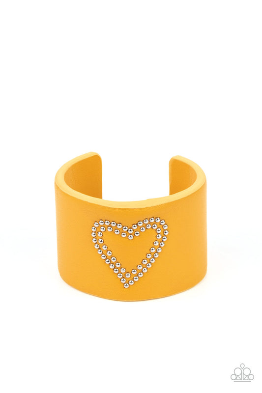 Rodeo Romance - Yellow Leather Silver Heart Studded Cuff Bracelet - Paparazzi Accessories