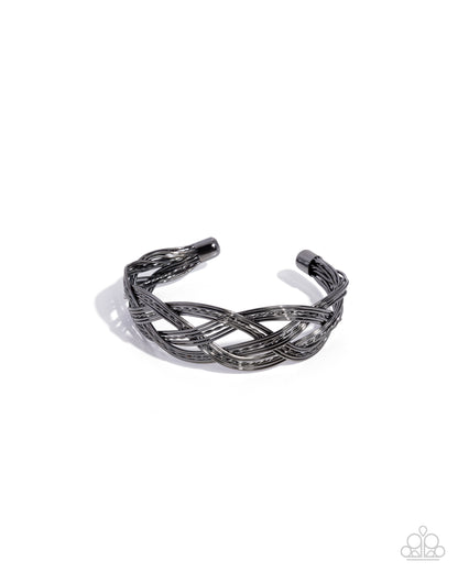 Get Your Wires Crossed - Black - Gunmetal Braided Metal Cuff Bracelet - Paparazzi Accessories