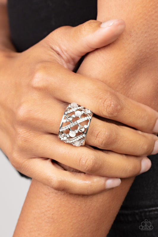 Bubbles for Brunch - White Rhinestone & Cat's Eye Silver Ring - Paparazzi Accessories