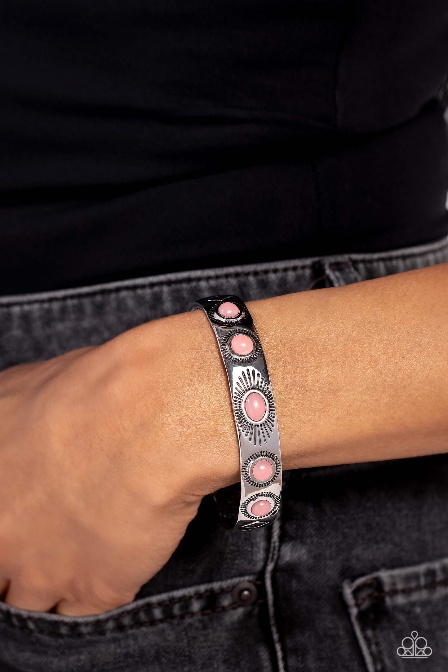 Heavenly Horizons - Pink Beads Silver Cuff Bracelet - Paparazzi Accessories