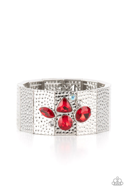 Flickering Fortune - Red Rhinestone Silver Stretchy Bracelet - Paparazzi Accessories