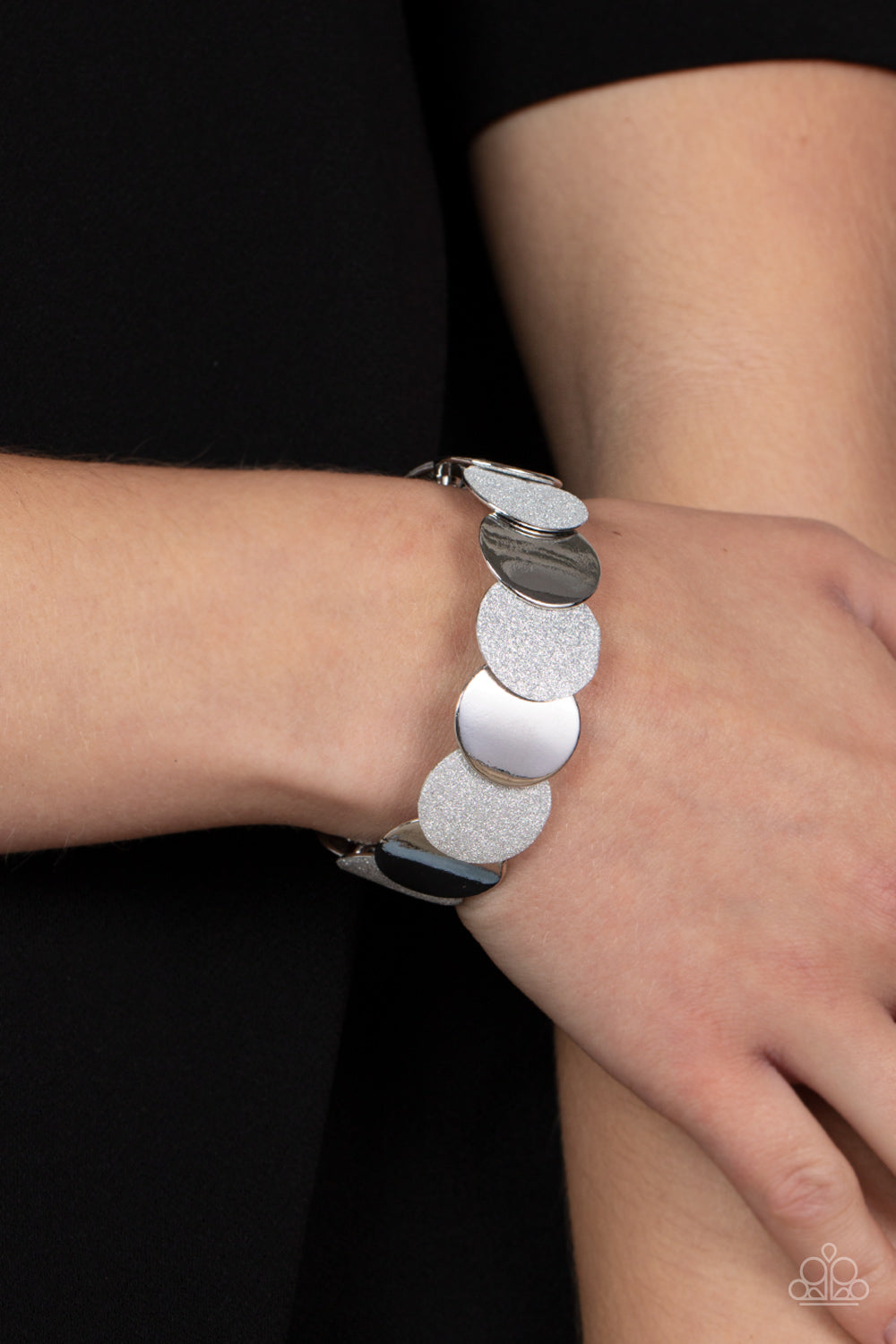 Demurely Disco - Silver Discs Stretchy Bracelet - Paparazzi Accessories