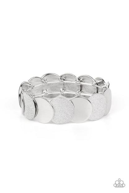 Demurely Disco - Silver Discs Stretchy Bracelet - Paparazzi Accessories
