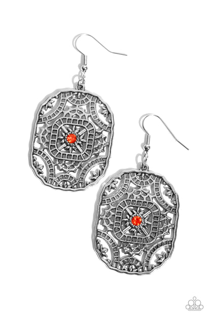 Greco-Roman Romance - Orange Rhinestone Silver Fishhook Earrings - Paparazzi Accessories