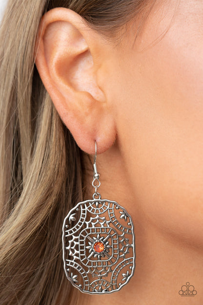 Greco-Roman Romance - Orange Rhinestone Silver Fishhook Earrings - Paparazzi Accessories