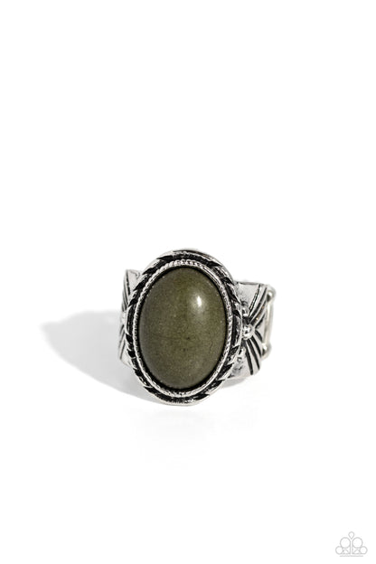 Earthen-WEAR Green Crackle Stone Oval Silver Ring - Paparazzi Accessories