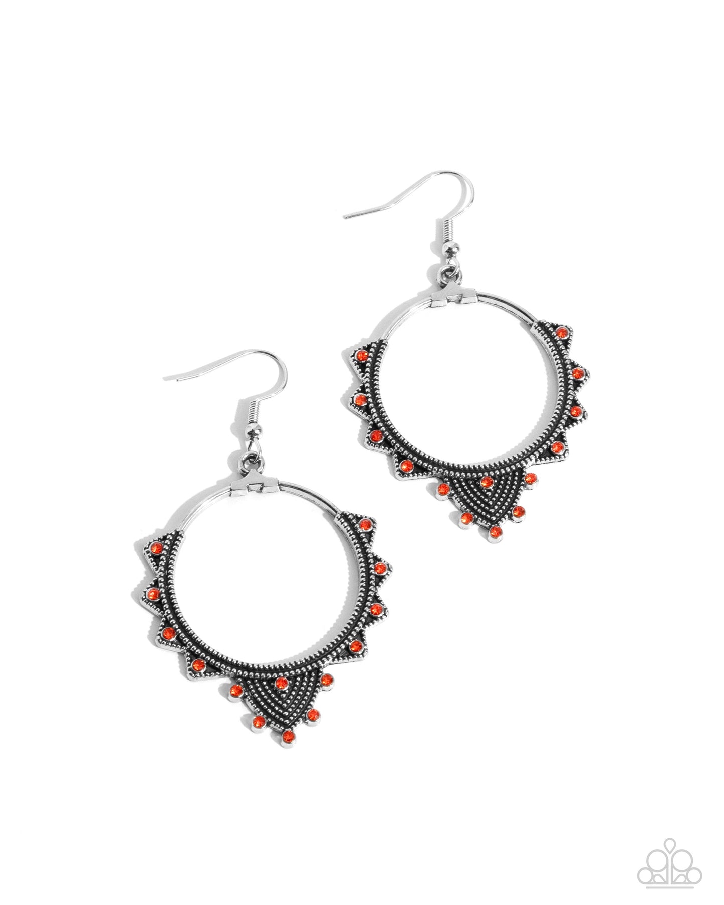 Textured Twinkle - Orange Rhinestone Silver Fishhook Earrings - Paparazzi Accessories