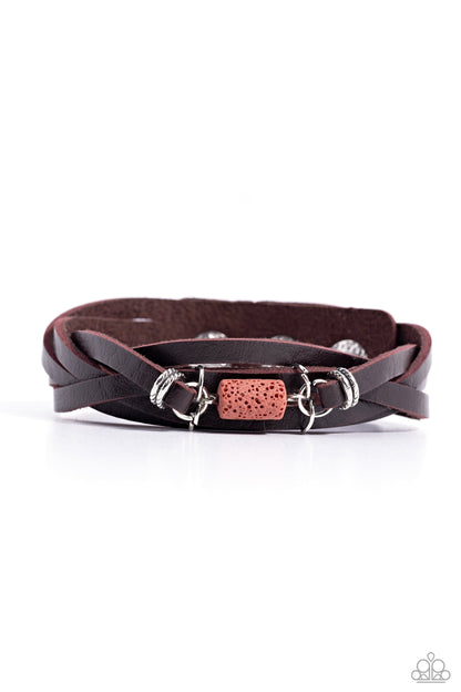 Metamorphic Monument - Red Lava Bead Brown Leather Snap Wrap Urban Bracelet - Paparazzi Accessories