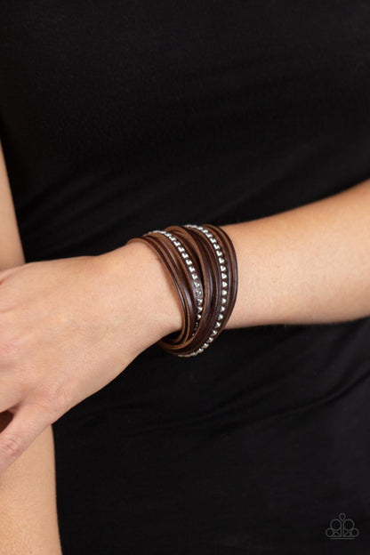 Studded Sensation - Brown Leather Double Wrap Snap Bracelet - Paparazzi Accessories