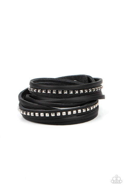 Studded Sensation - Black Leather Silver Snap Wrap Bracelet - Paparazzi Accessories