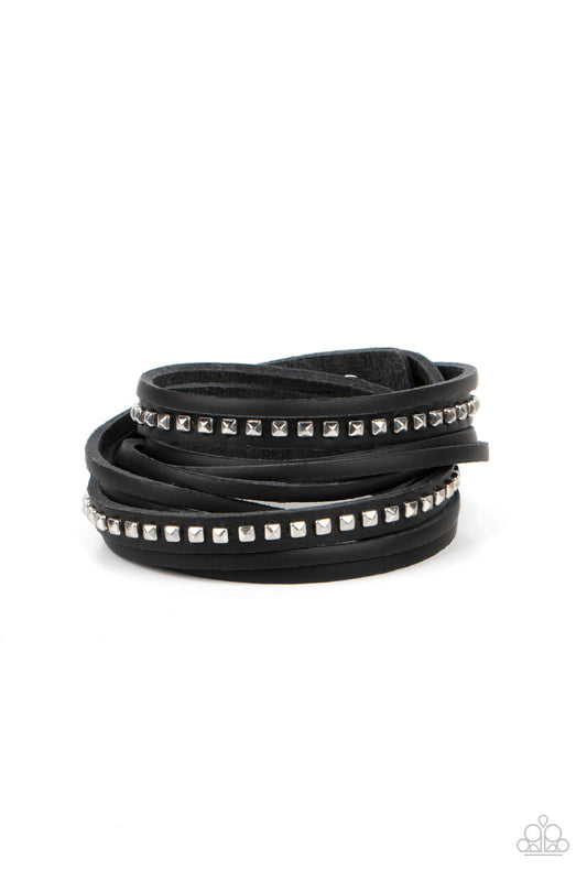 Studded Sensation - Black Leather Silver Snap Wrap Bracelet - Paparazzi Accessories