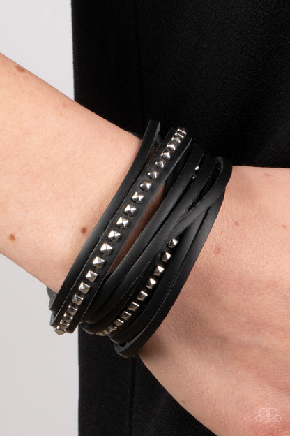Studded Sensation - Black Leather Silver Snap Wrap Bracelet - Paparazzi Accessories
