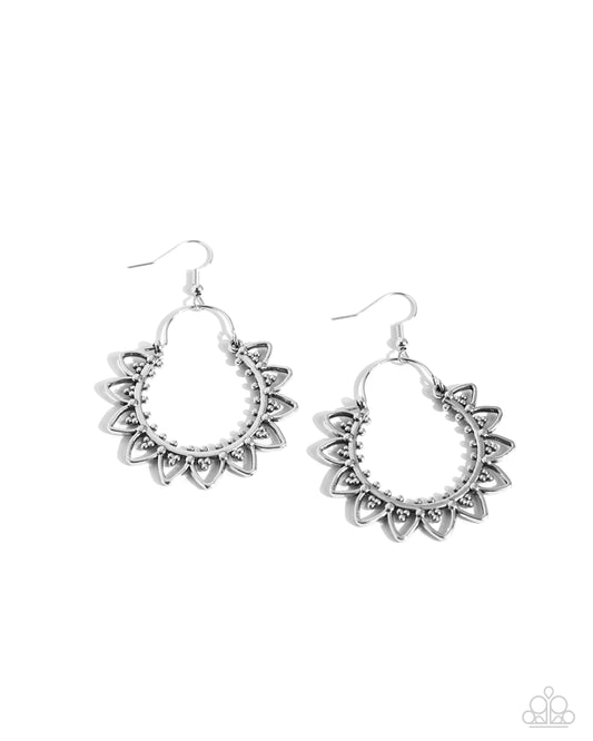 Botanical Tambourine - Silver Convertible Hoop Fishhook Earrings - Paparazzi Accessories