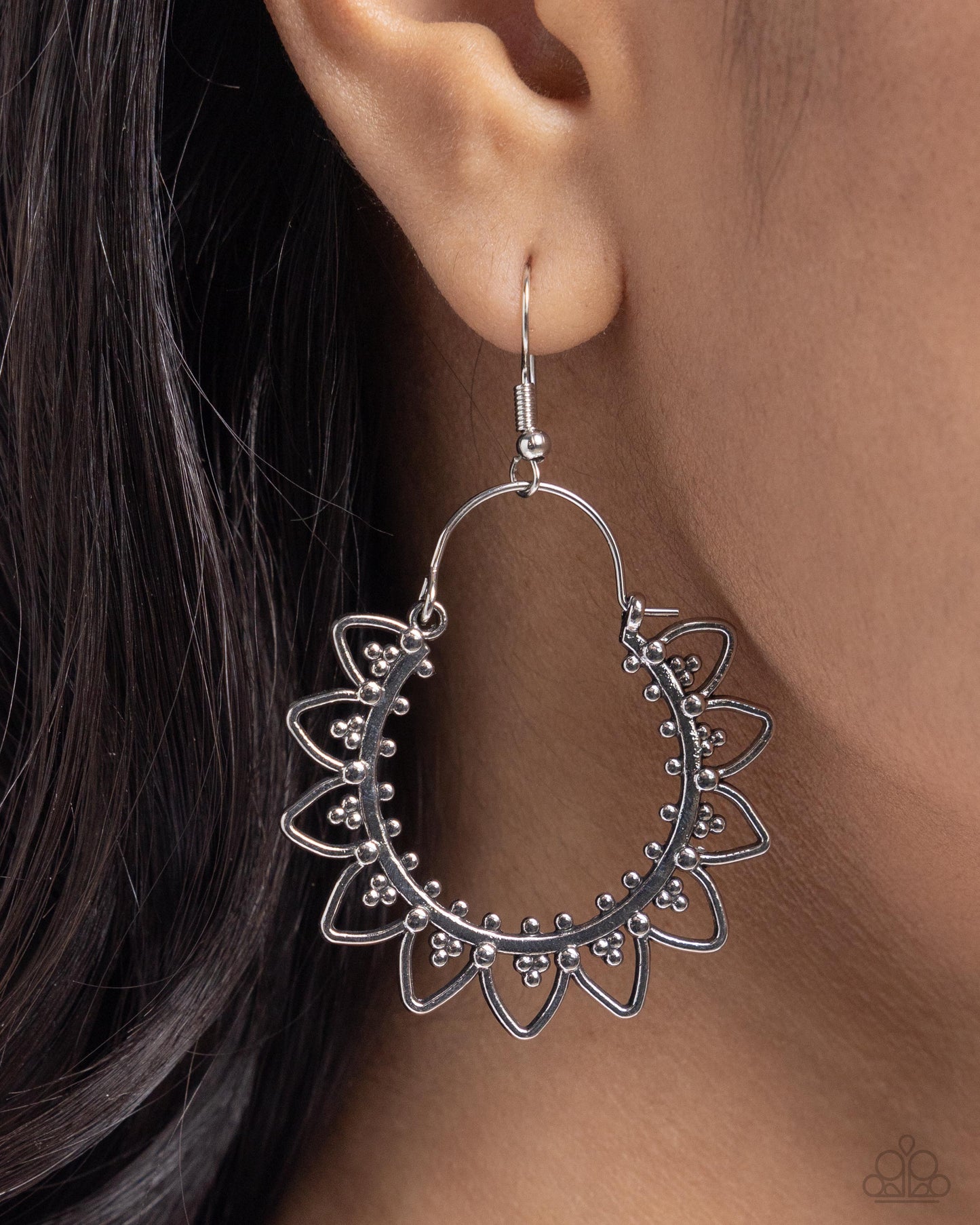 Botanical Tambourine - Silver Convertible Hoop Fishhook Earrings - Paparazzi Accessories
