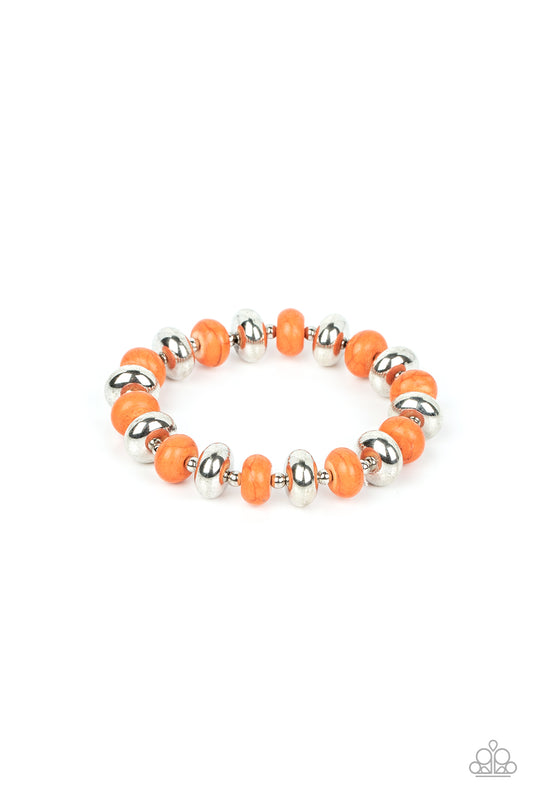 Stone Age Aesthetic - Orange Crackle Stone Silver Stretchy Bracelet - Paparazzi Accessories