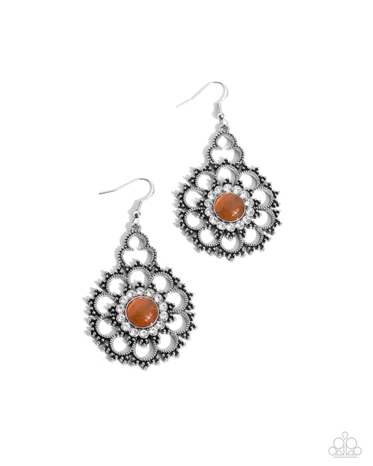 Floral Renaissance - Orange Cat's Eye Stone Silver Fishhook Earrings - Paparazzi Accessories