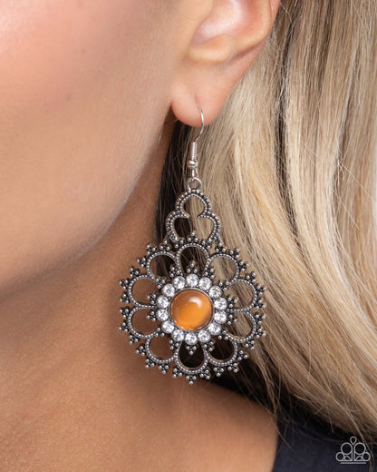 Floral Renaissance - Orange Cat's Eye Stone Silver Fishhook Earrings - Paparazzi Accessories