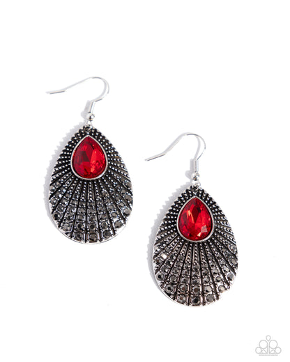 Urban Relic - Red Rhinestone Silver Teardrop Fishhook Earrings - Paparazzi Accessories