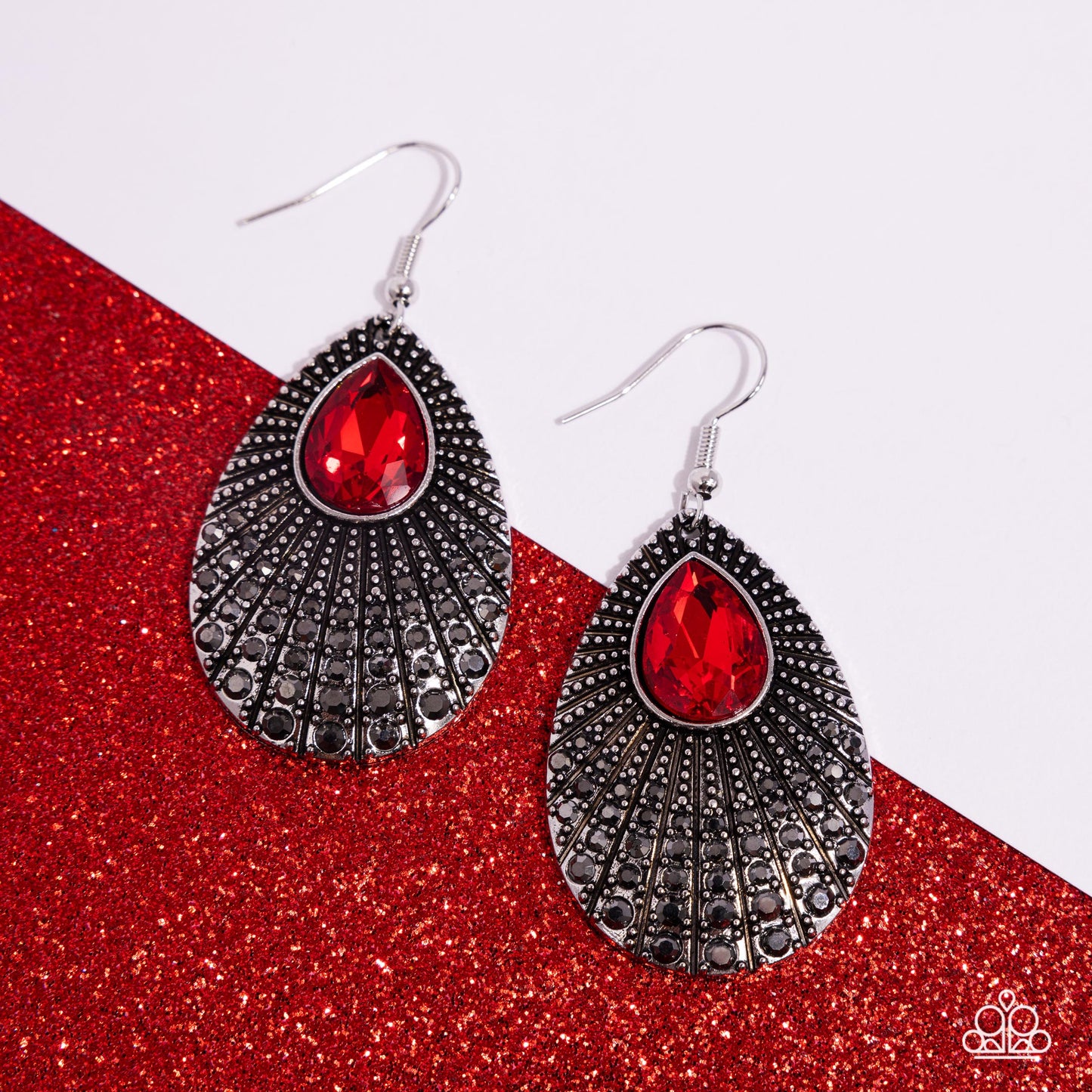 Urban Relic - Red Rhinestone Silver Teardrop Fishhook Earrings - Paparazzi Accessories