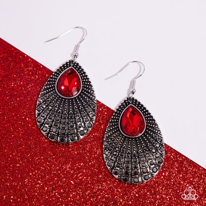 Urban Relic - Red Rhinestone Silver Teardrop Fishhook Earrings - Paparazzi Accessories