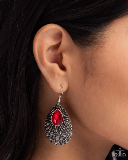 Urban Relic - Red Rhinestone Silver Teardrop Fishhook Earrings - Paparazzi Accessories