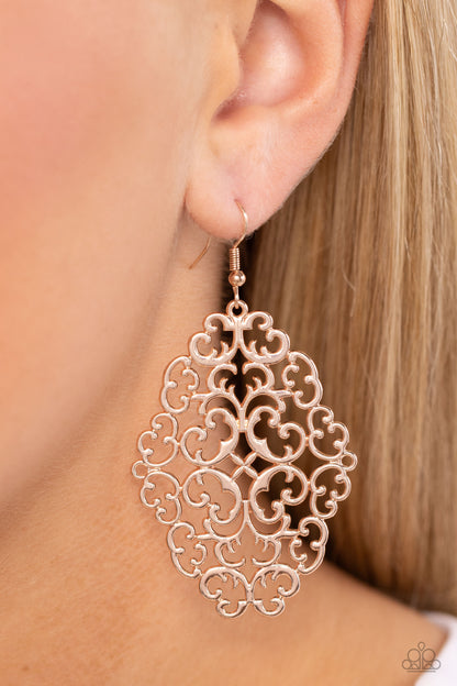 Contemporary Courtyards - Rose Gold Filigree Fishhook Earrings - Paparazzi Accessories