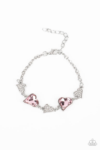 Cluelessly Crushing - Pink Gem Hearts Clasp Bracelet - Paparazzi Accessories