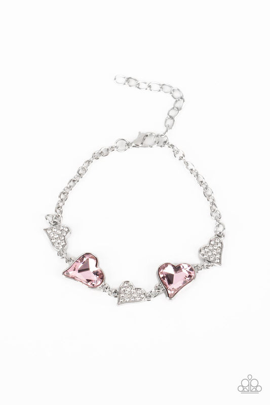 Cluelessly Crushing - Pink Gem Hearts Clasp Bracelet - Paparazzi Accessories