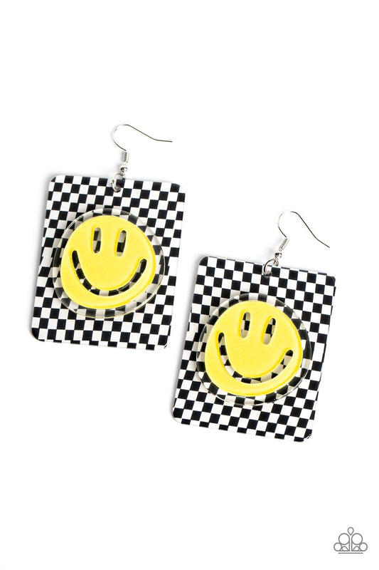 Cheeky Checkerboard - Yellow Acrylic Smiley Face Fishhook Earrings - Paparazzi Accessories