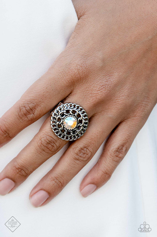 Botanical Backdrop - Multi Iridescent Rhinestone Silver Ring - Paparazzi Accessories