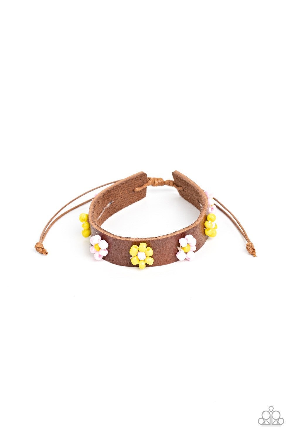 Flowery Frontier - Pink - Seed Bead Flower Leather Bracelet - Paparazzi Accessories