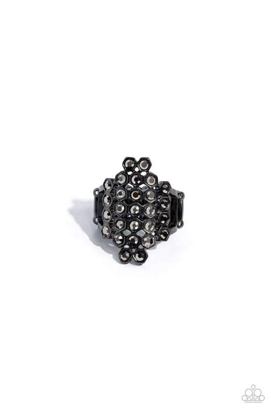 Honeycomb Haute - Black - Gunmetal & Hematite Rhinestone Ring - Paparazzi Accessories