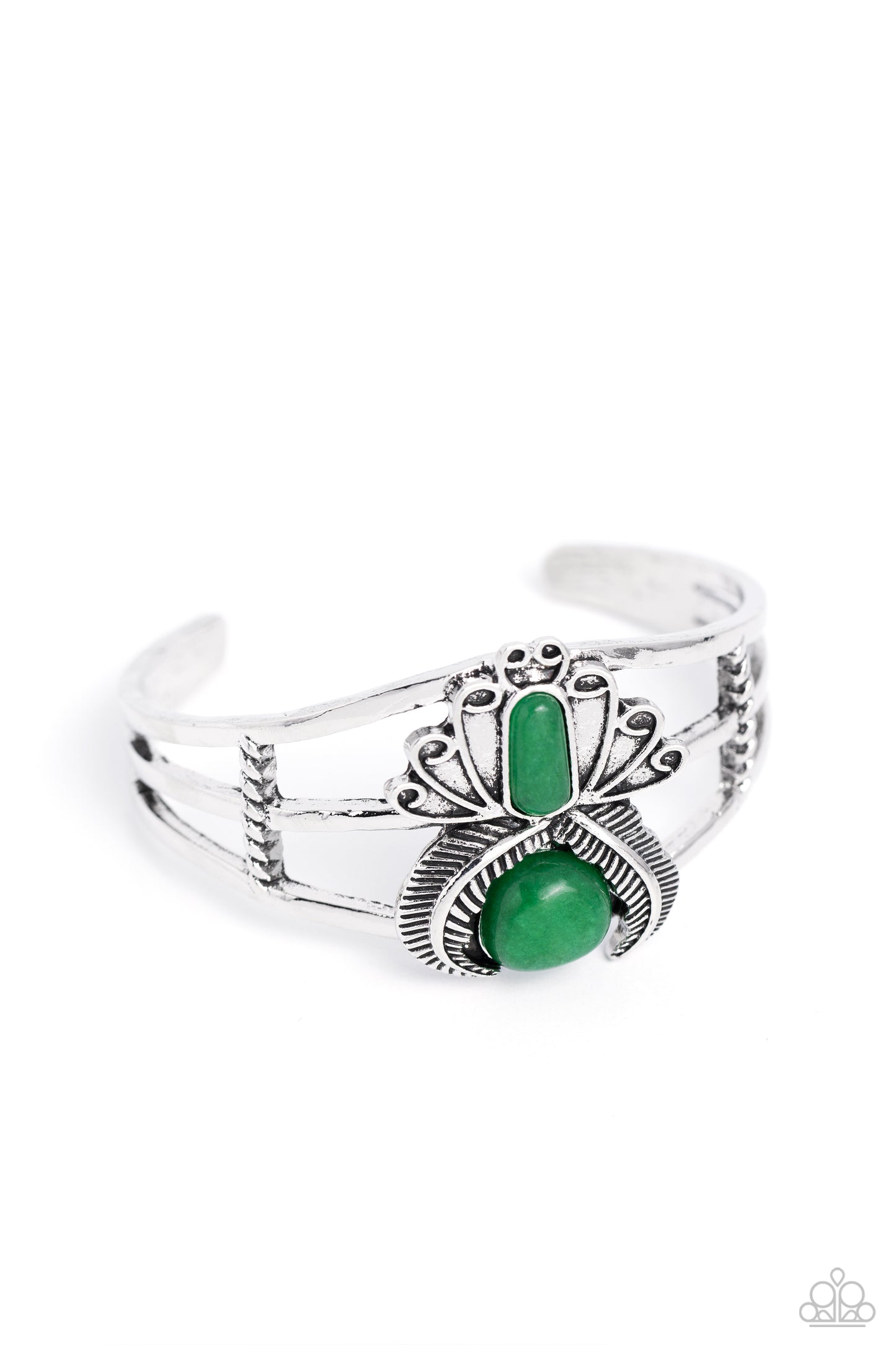 Peacock Plume - Green Jade Stone Silver Cuff Bracelet - Paparazzi Accessories