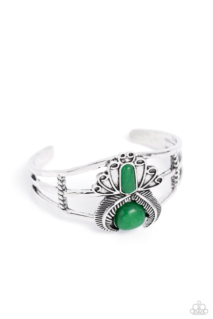 Peacock Plume - Green Jade Stone Silver Cuff Bracelet - Paparazzi Accessories