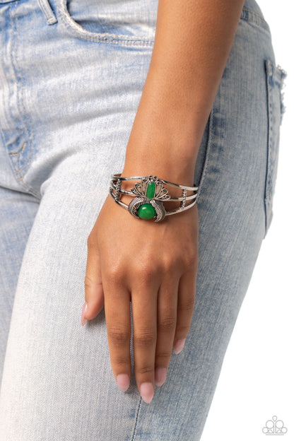 Peacock Plume - Green Jade Stone Silver Cuff Bracelet - Paparazzi Accessories