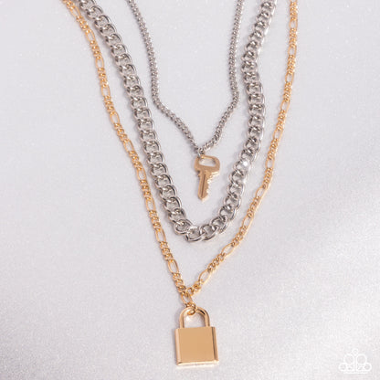 Low Key Layers - Gold & Silver Lock & Key Necklace - Paparazzi Accessories