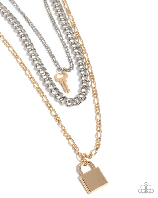 Low Key Layers - Gold & Silver Lock & Key Necklace - Paparazzi Accessories