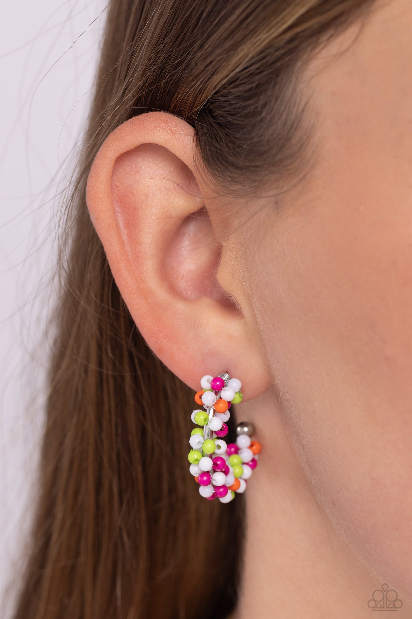 Balloon Backdrop - White Seed Bead Hoop Earrings - Paparazzi Accessories