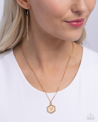 Emblematic Elegance - Gold - V - Initial Necklace - Paparazzi Accessories