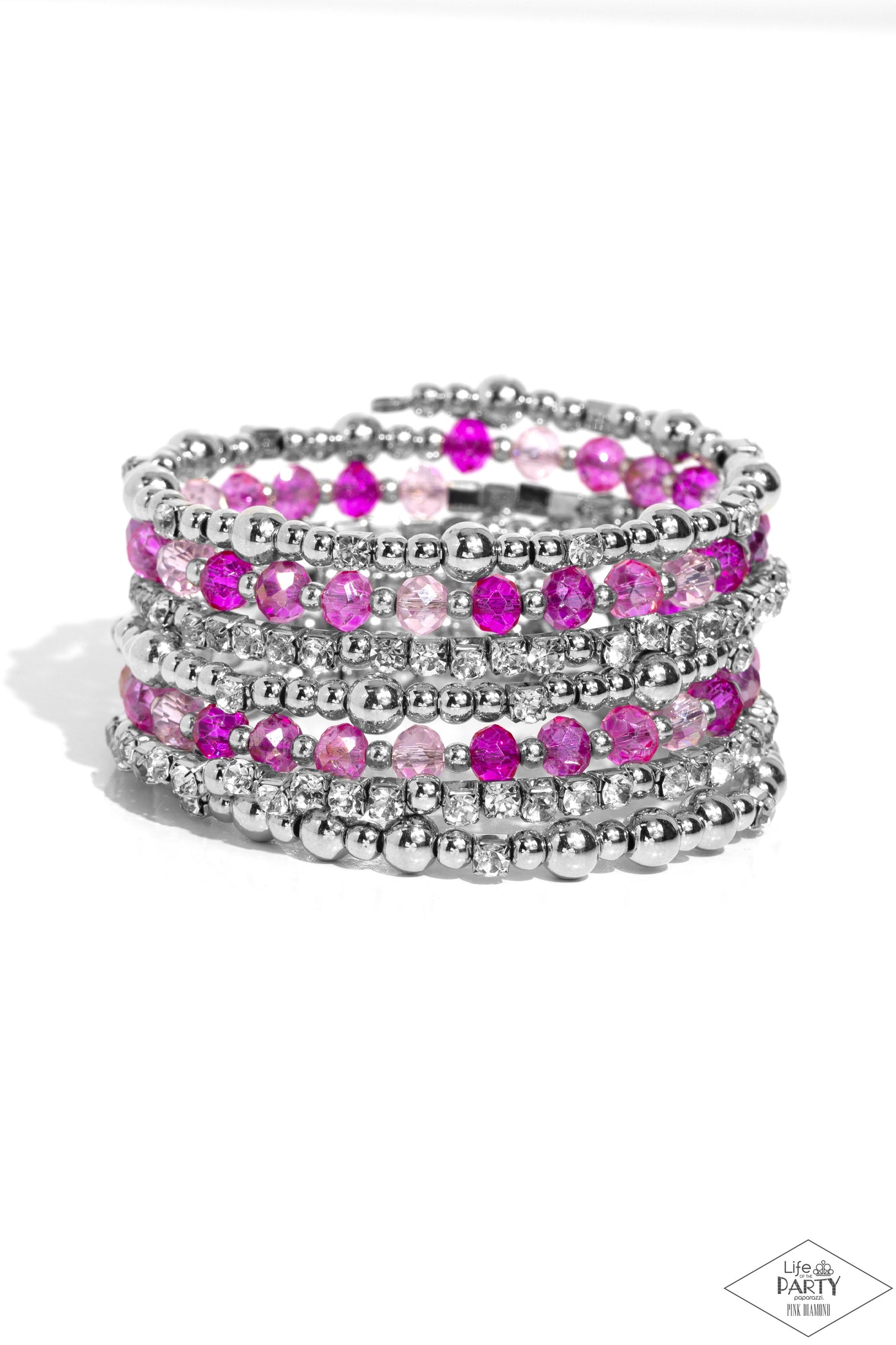 ICE Knowing You - Pink Crystal & White Rhinestone Silver Coil Bracelet - Paparazzi Accessories