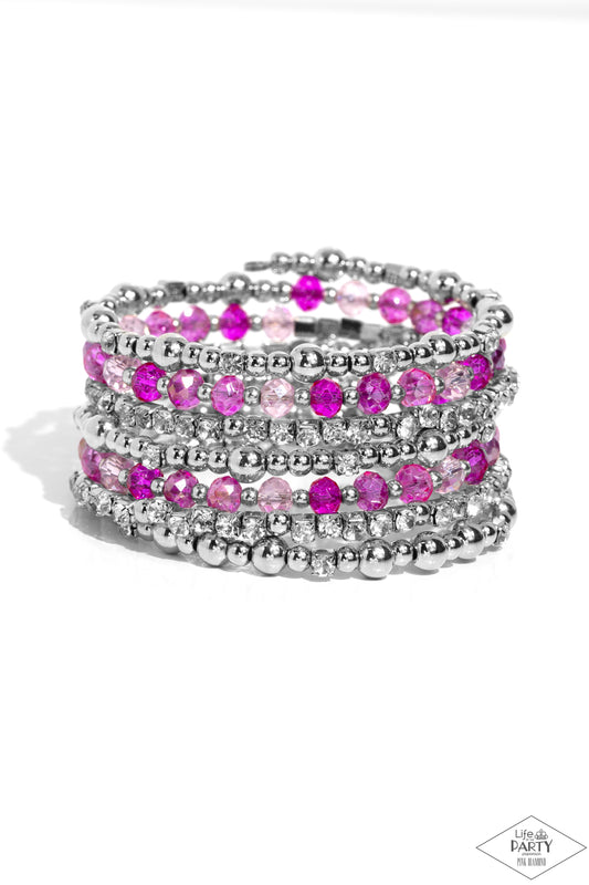ICE Knowing You - Pink Crystal & White Rhinestone Silver Coil Bracelet - Paparazzi Accessories